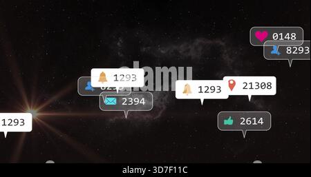 Floating notification bubbles drifting across starfield, showing icon counters and left lens flare Stock Photo
