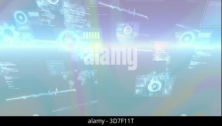 Displaying holographic panels floating in pastel virtual HUD, showing radar, waves, code readouts Stock Photo