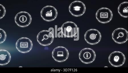Floating cluster of glowing circular UI icons hovering over deep navy gradient, with light streak Stock Photo