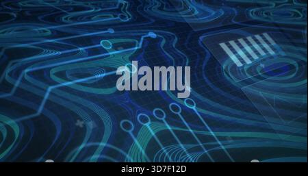 Displaying blue-teal topographic circuit visual on dark grid plane, with node markers and ring Stock Photo