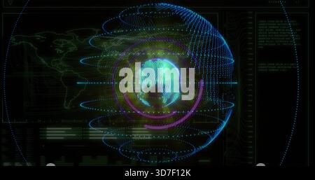 Showing holographic globe rotating at center of dashboard, with rings, spiral paths, gridlines Stock Photo