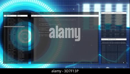 Displaying central terminal showing code and cursor on network GUI, with creds and hexdump panels Stock Photo