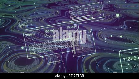 Displaying center HUD panels and keyboard over swirling contour waves, showing numbers and nodes Stock Photo
