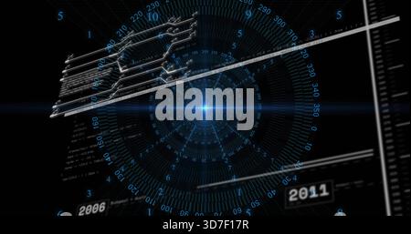 Displaying concentric blue HUD emitting lens-flare beam on black field, showing timeline markers Stock Photo