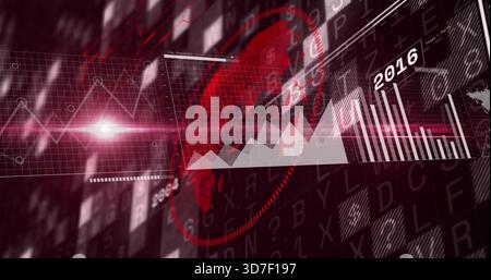 Displaying central area chart with white peaks on digital HUD, featuring radar rings and 2016 bars Stock Photo