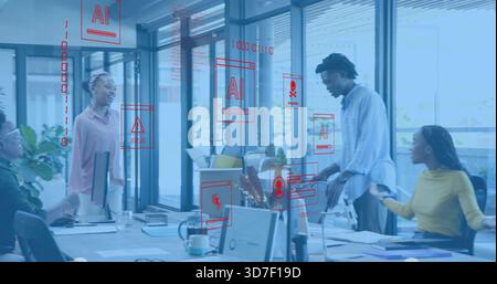 Discussing team working around desk in modern open office in business attire, red AI warnings Stock Photo