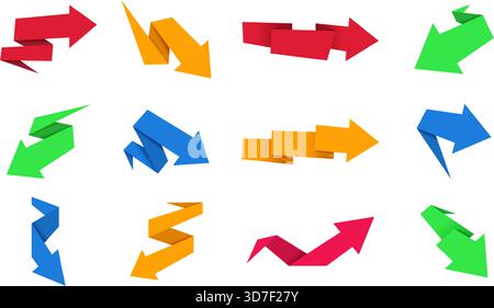 Abstract origami arrows. Cartoon arrow shapes, 3D direction paper retro symbols, navigation sign, pointer and color motion element. Vector isolated Stock Vector