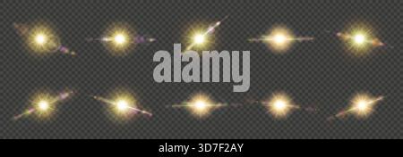 Realistic sun and light flare with 3d sunlight effect, gold bright glow vector set. Golden halo with rays and sparkle, warm solar burst. Beam, natural Stock Vector