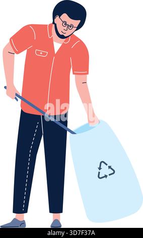 A man in a red shirt is holding a trash bag and a stick Stock Vector