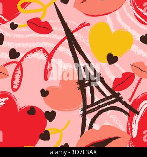 Vector seamless pattern with hand drawn hearts, kiss and Eiffel tower. Watercolor crayon romantic pink red background. Fashion textile print, fabric, Stock Vector