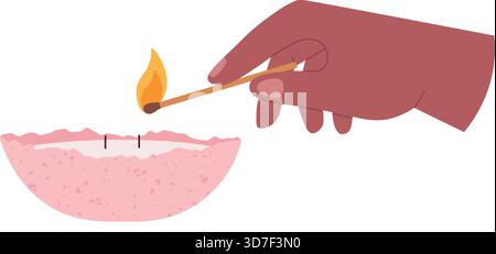 A hand is lighting a candle in a bowl Stock Vector
