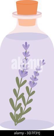 A bottle of lavender oil with purple flowers in it Stock Vector