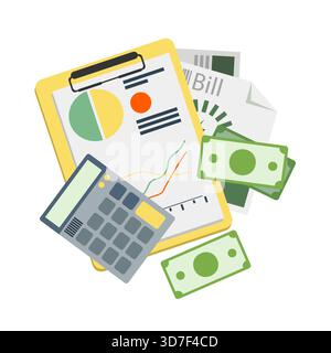 Electricity cost analysis with bills and calculator. Illustration of utility bills with a calculator and payment details and color graph. Flat style. Stock Vector