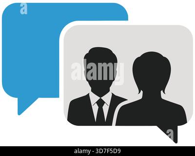Illustration of speech bubbles with silhouette of man in suit and woman Stock Vector