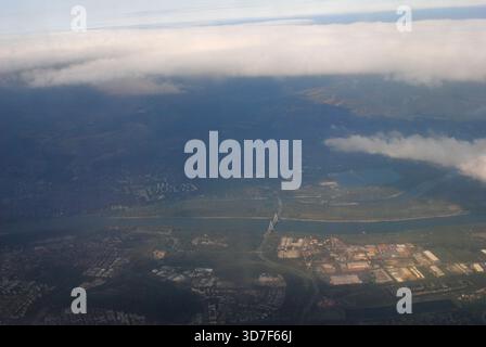 Aerial view of Megyeri bridge over the Danube and the southern part of Szentendrei island in scattered light on an autumn day Stock Photo