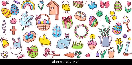 Color Easter doodle. Eggs, bunnies and chicks, flowers and basket, wreath and dove, cupcake and candle spring hand drawn holiday elements for design Stock Vector
