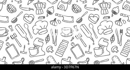 Kitchen cook doodle utensil seamless pattern. Pot and bowl, fork and plate, frying pan and whisk, chef hat for cooking. Restaurant menu vector Stock Vector