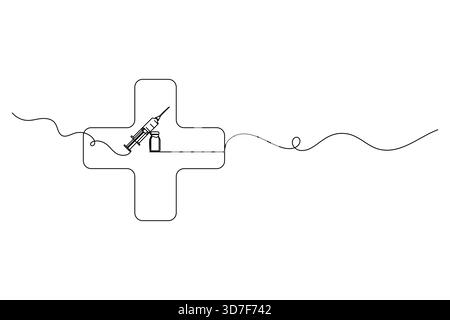 Medical cross with vaccine syringe one line art vector Stock Vector