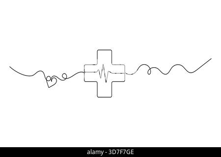 One line drawing of health symbols heart cross and ecg Stock Vector