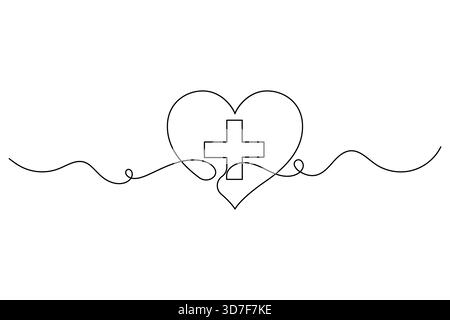 Medical cross inside heart shape minimalist sketch and outline vector illustration Stock Vector