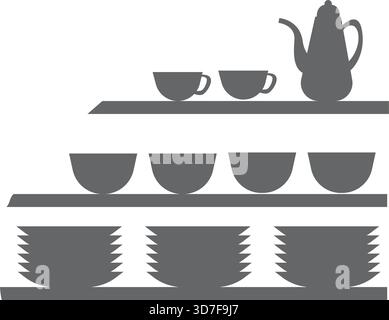 A shelf with plates and cups on it Stock Vector