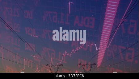 Displaying translucent market overlay across dusk power lines, showing towers, tickers, candlestick Stock Photo