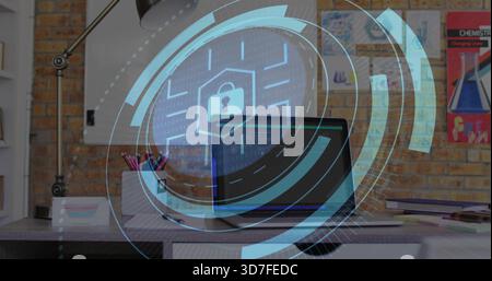 Displaying modern laptop showing cybersecurity lock HUD on desk at home office, with pencils Stock Photo
