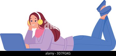 Woman listen audio on laptop. Podcast or music concept isolated on white background Stock Vector