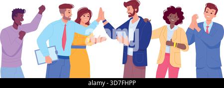 Business team success. Happy colleagues gestures together isolated on white background Stock Vector