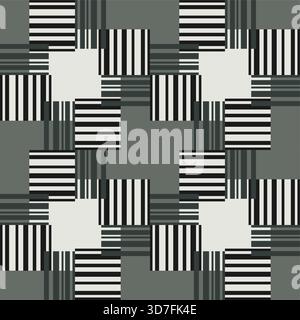Abstract geometry seamless pattern. Rectangles and lines in shades of grey and green. Optical rotation effect. Complicated texture background. Grid of Stock Vector