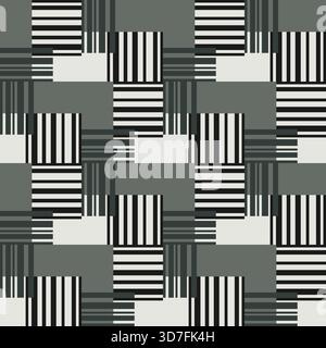 Abstract geometry zigzag seamless pattern. Rectangles and lines in shades of grey and green. Complicated texture background. Grid of intertwined strai Stock Vector