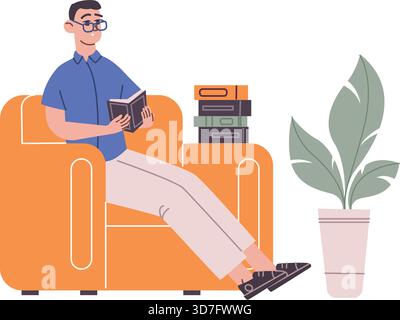 Student reading book. Intelligent man sit in armchair isolated on white background Stock Vector
