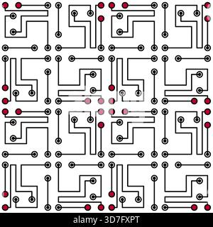 Monochrome technology geometric seamless pattern. Black red circle and lines on white background. Mosaic square tile. Complicated texture background. Stock Vector