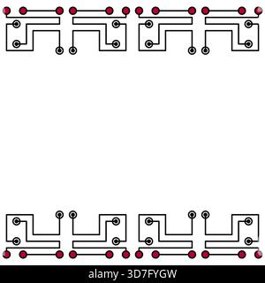 Monochrome technology geometric seamless border with place for text. Black red circle and lines on white background. Complicated texture background. C Stock Vector