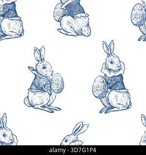 Easter rabbit seamless vector pattern with eggs vintage toile style holiday design Stock Vector
