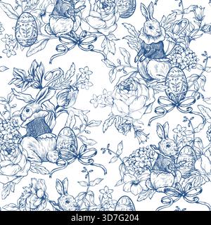Easter rabbit seamless vector pattern with eggs flowers vintage toile style holiday design Stock Vector