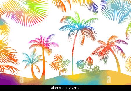 Abstraction of colored palm trees . Hand drawn. Not AI, vector illustration. Stock Vector