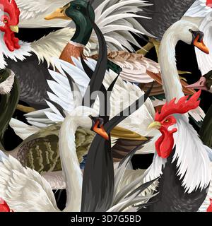 Seamless pattern with roosters, swan and duck. Vector. Stock Vector
