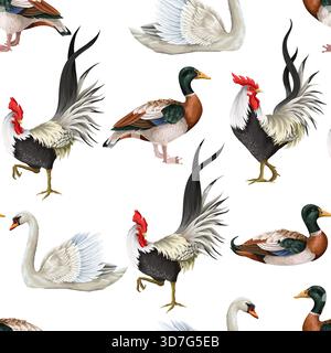 Seamless pattern with roosters, swan and duck. Vector. Stock Vector