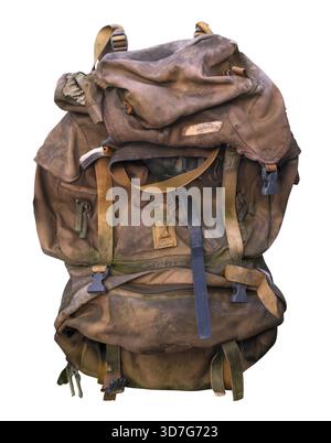Old Worn Military Style Canvas Backpack With Straps And Buckles Isolated On A White Background Stock Photo
