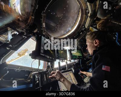 International Space Station, Earth Orbit. 11 September, 2025. NASA astronaut and Expedition 73 Flight Engineer Zena Cardman practices docking procedures with the Canadarm2 robotic arm from inside the Cupola onboard the International Space Station, September 11, 2025 in Earth Orbit. Credit: NASA Handout/NASA Photo/Ģ����ý Live News Stock Photo