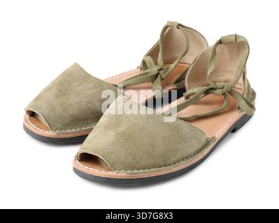 Pair of stylish khaki shoes isolated on white Stock Photo