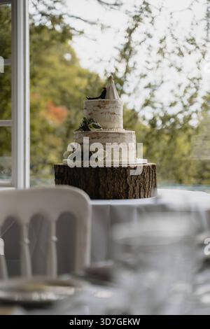 A wedding cake with a couple on top of it. The cake is on a wooden base and is placed on a table. The table is set with plates, cups, and utensils. Sc Stock Photo