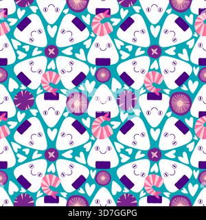 Japanese food onigiri seamless cartoon kawaii rice ball pattern for wrapping paper and kids clothes print and menu and restaurants accessories and fab Stock Photo