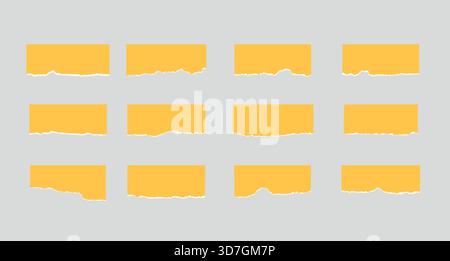 Set of vector torn paper pieces. Yellow, rectangular stickers with white ripped edge Stock Vector