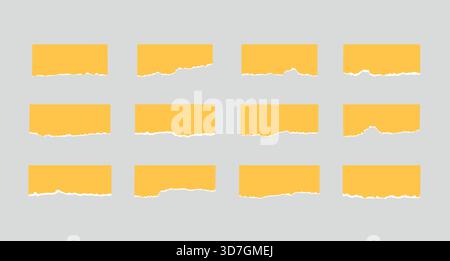 Vector paper pieces with torn edges. Set of different yellow, rectangular ripped stickers Stock Vector