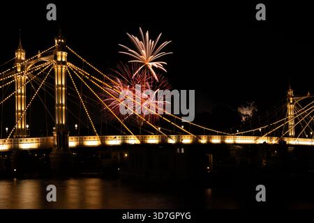 Fireworks over Cheslsea Bridge in London, England Stock Photo