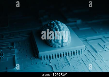 Neuromorphic Computing Brain On Microchip Processor AI Technology. 3d rendering Stock Photo
