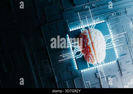 Neuromorphic AI Brain On Microchip Processor Copy Space. 3d rendering Stock Photo