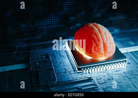 Neuromorphic AI Brain On Microchip Processor Copy Space. 3d rendering Stock Photo